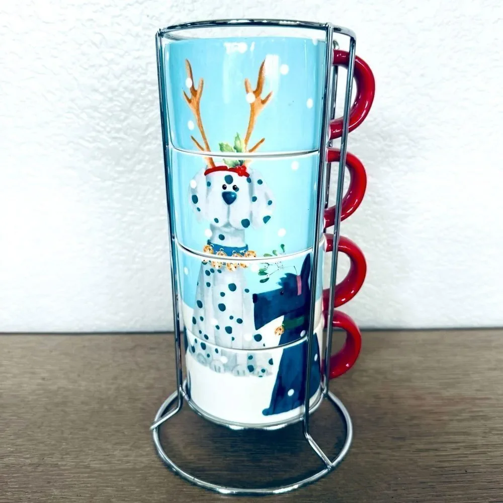 Pier One Porcelain Holiday Coffee Mugs Stacked Set